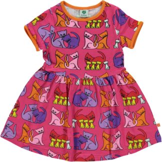 Småfolk Short Sleeved Dress with Cat Carmine (2-3 years only)