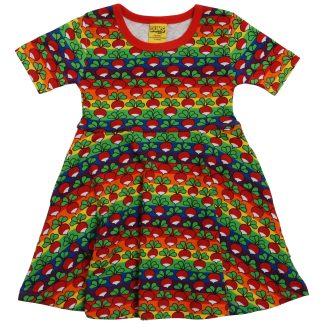 Duns Short Sleeved Skater Dress in Radish Stripe Bold (Rainbow Radish)