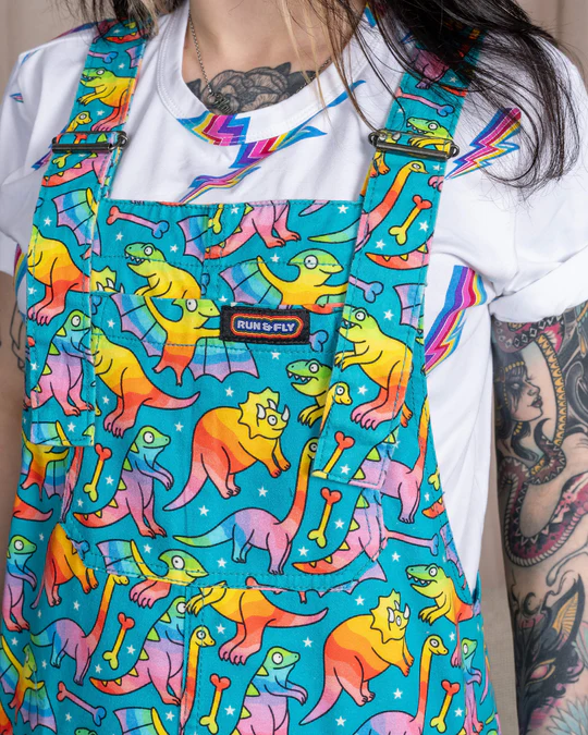 Run & Fly Rainbow Dinosaurs Stretch Twill Dungarees