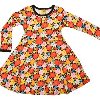 Duns Long Sleeved Gather Dress in Flower Pot Black